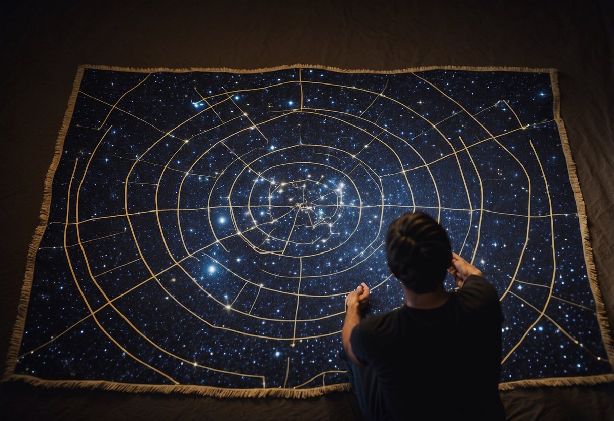 A person lays out a star map on a blanket, surrounded by remote wilderness. The night sky is clear and filled with twinkling stars