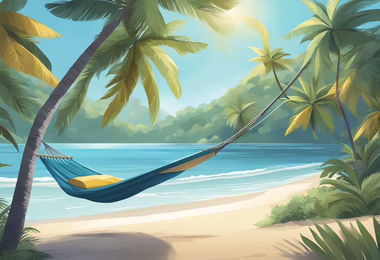A tranquil beach with a clear blue sky, a palm tree swaying in the gentle breeze, and a hammock hanging between two sturdy trees