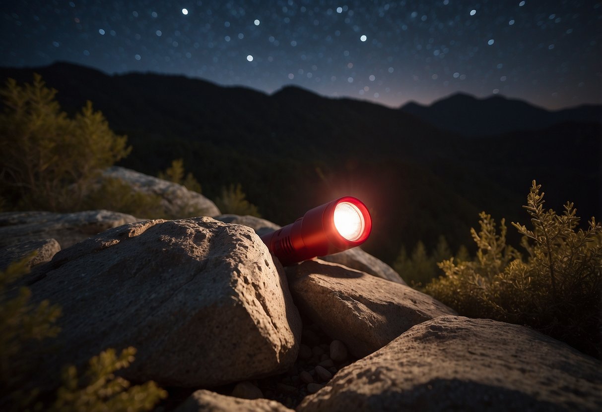 A red flashlight illuminates a rocky clearing under a starry sky, casting a soft glow on stargazing equipment and creating a sense of isolation in the remote location