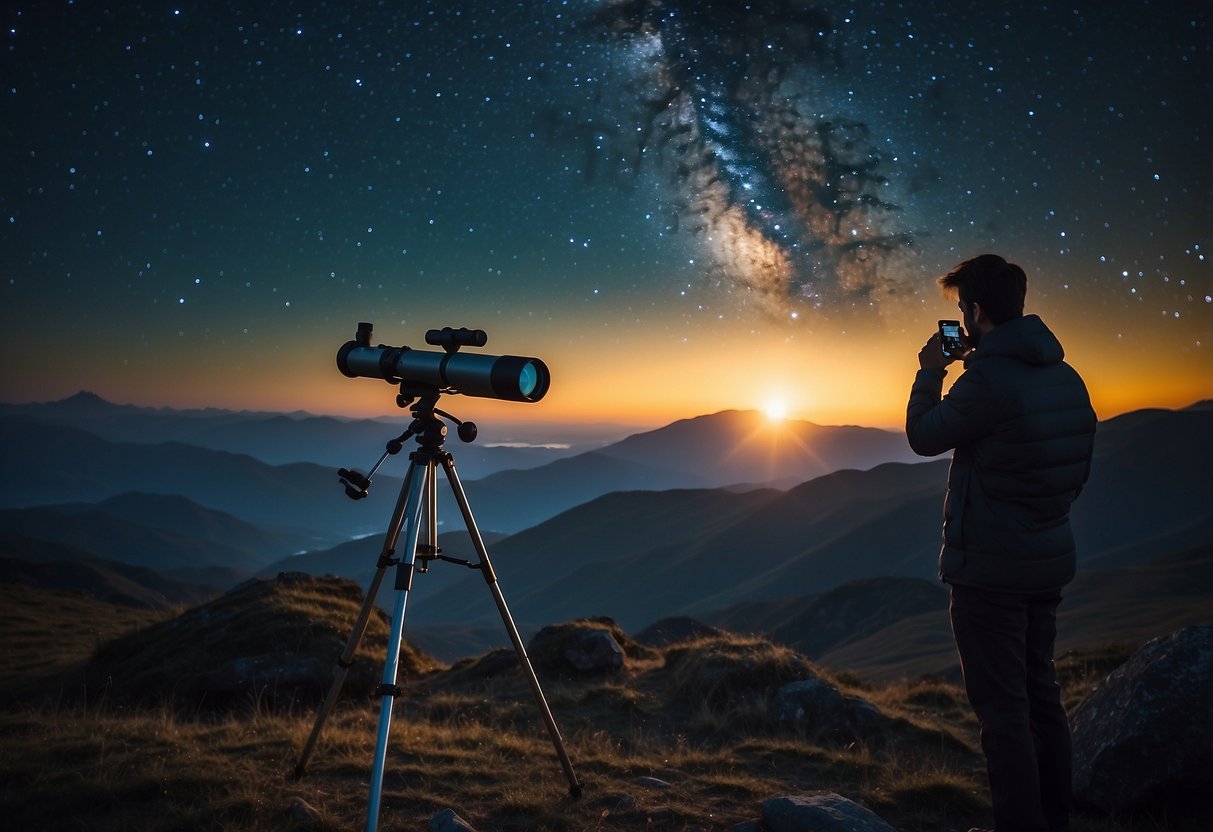 A clear night sky with stars shining brightly above a remote location. A telescope and stargazing equipment are set up, with a person checking the weather forecast on a smartphone