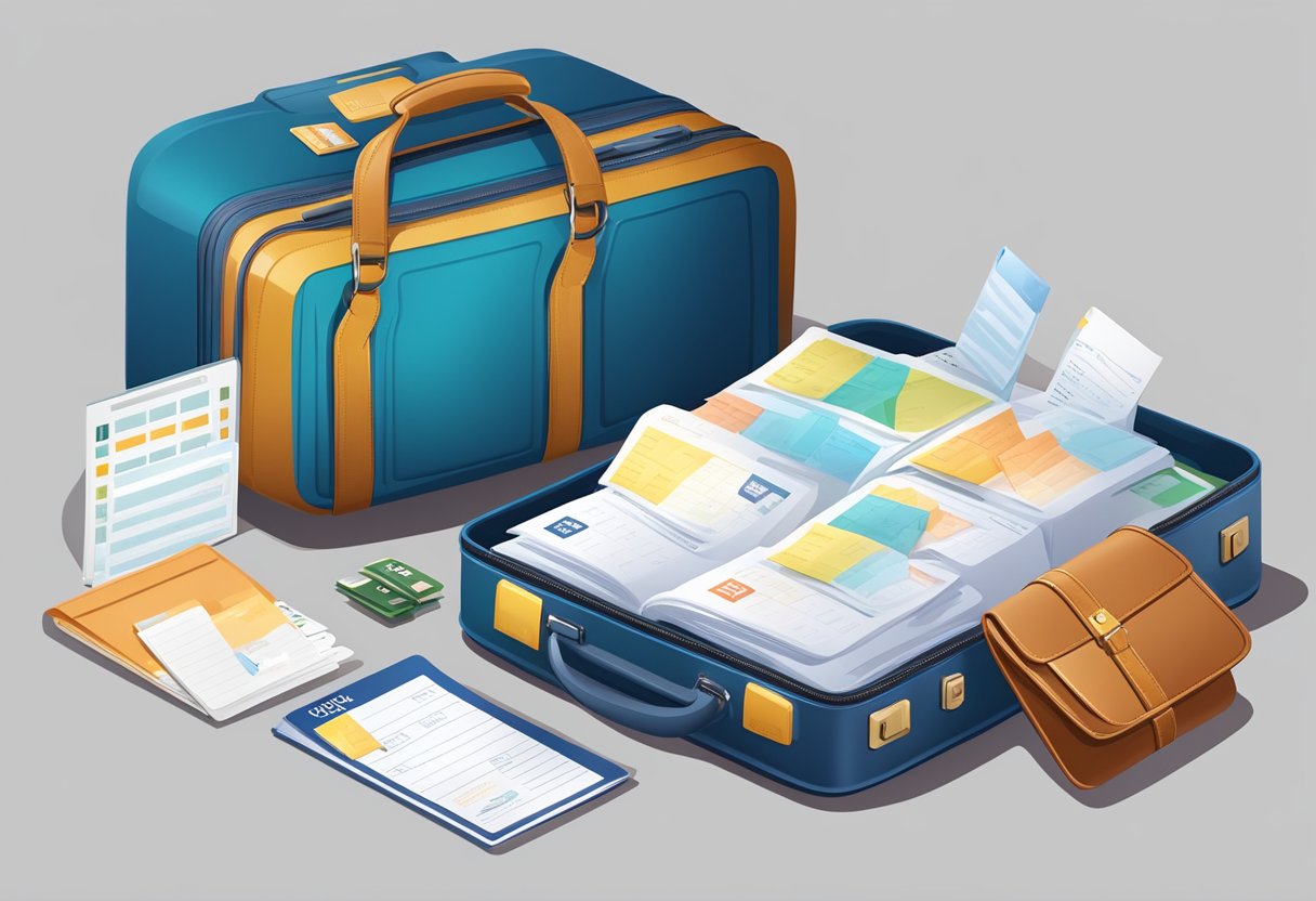 A suitcase with AIDA logo, surrounded by travel documents and a calendar, symbolizing coverage for trip cancellation