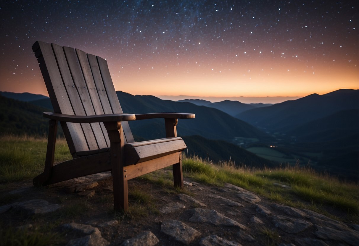 A comfortable chair sits under a starry sky in a remote location, surrounded by nature. The chair is positioned for optimal stargazing, with a clear view of the night sky