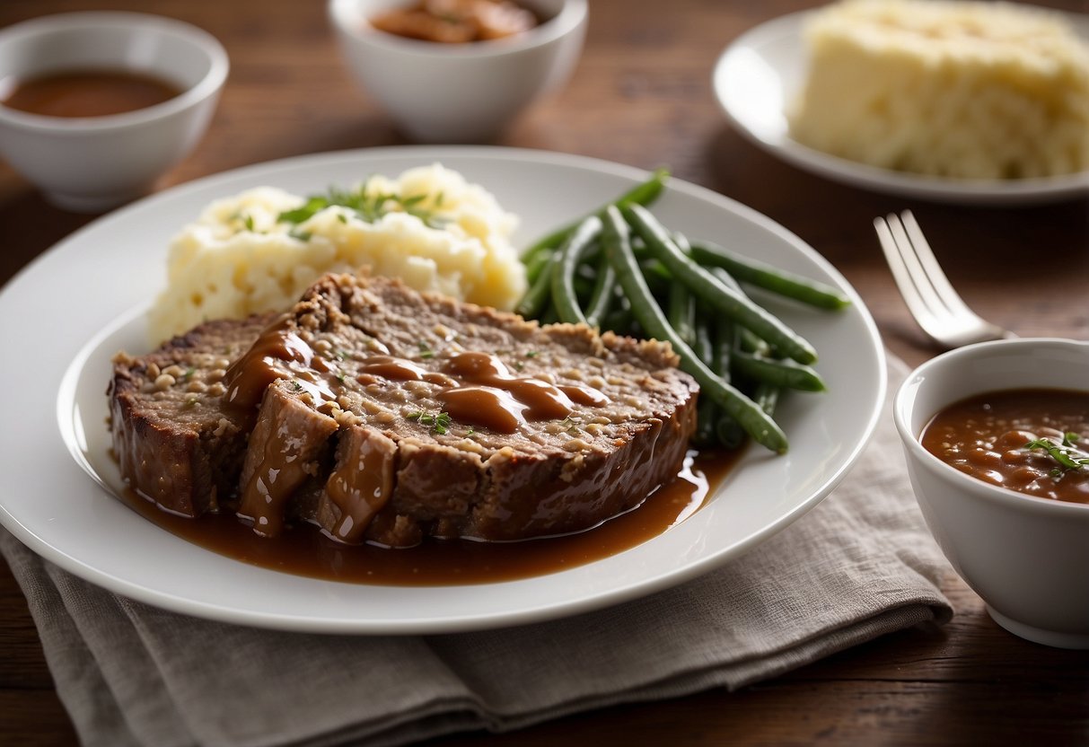 A platter of meatloaf, topped with rich gravy and served with a side of mashed potatoes and green beans, sits on a white porcelain plate