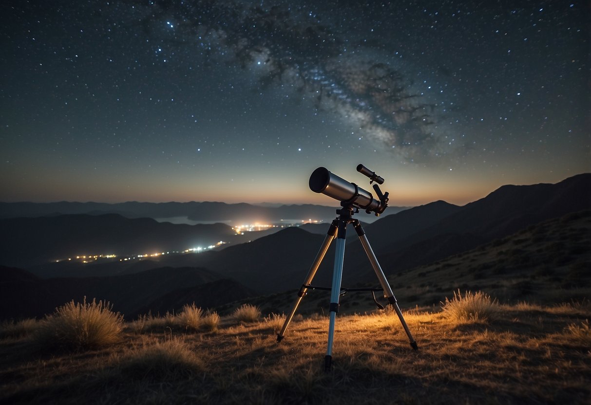 A clear night sky with twinkling stars over a remote, peaceful location. A telescope and stargazing guidebook lay nearby