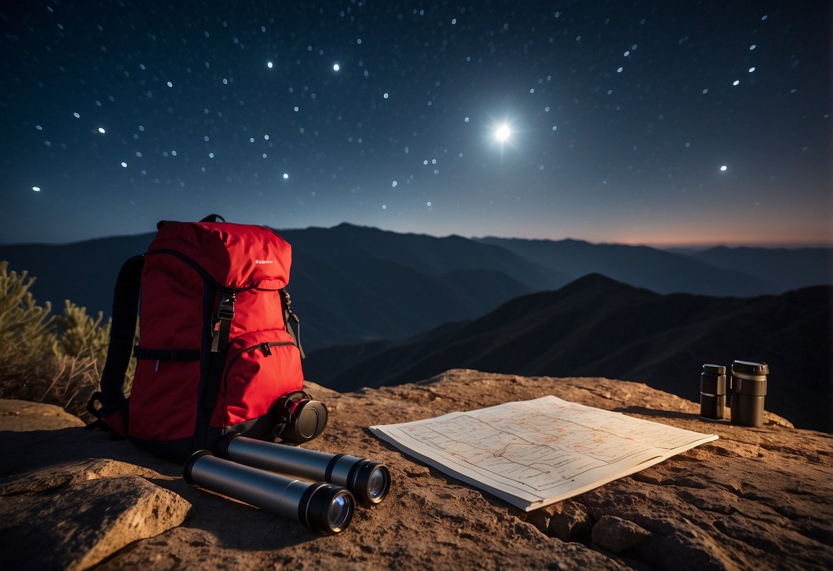 A telescope, star chart, and red flashlight lay on a rocky surface under a clear night sky. A backpack and camping gear are nearby, surrounded by the quiet of a remote location