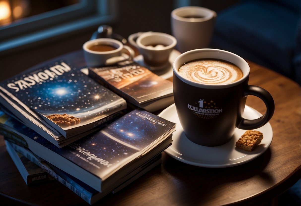 A table with 5 astronomy magazines spread out, surrounded by a telescope, star charts, and a mug of hot cocoa. The night sky is visible through a nearby window