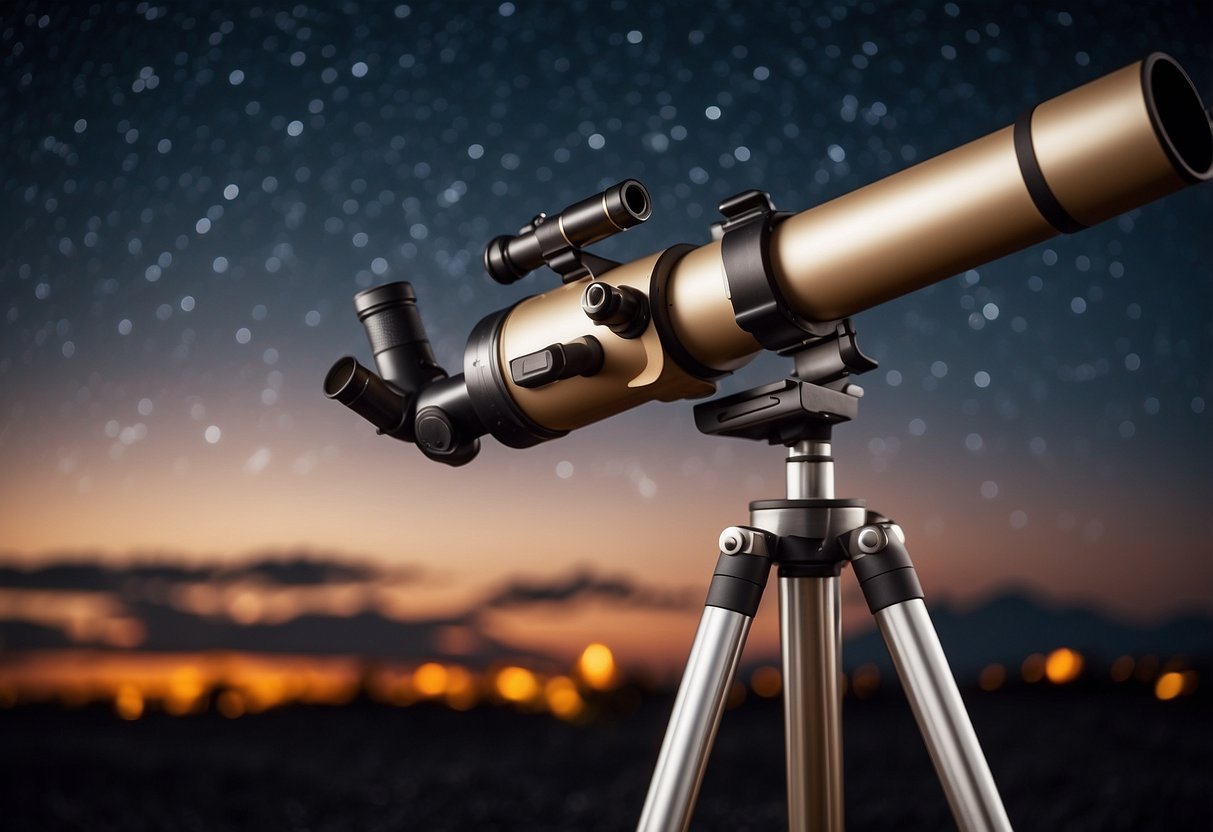 A clear night sky with stars and a telescope pointing towards the heavens, with a copy of "Sky & Telescope" magazine nearby