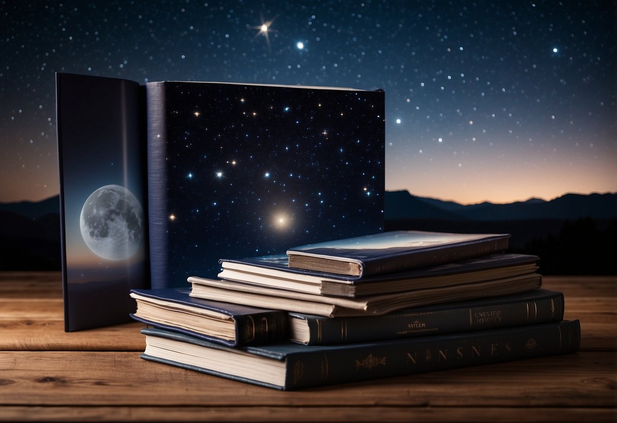 A stack of five astronomy magazines arranged on a wooden table, with star-filled night sky and telescope in the background