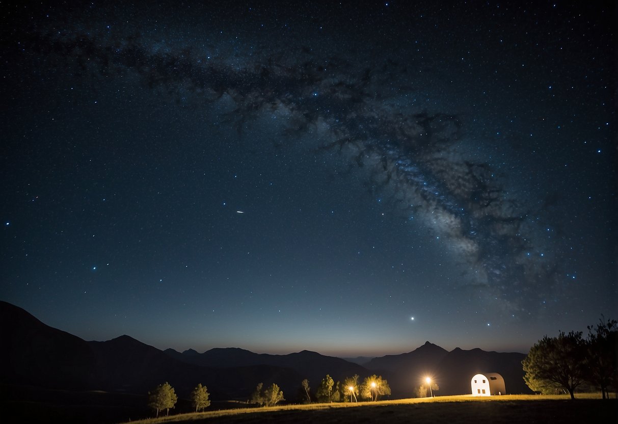 A clear night sky with twinkling stars and a prominent crescent moon, surrounded by silhouettes of telescopes and astronomy magazines