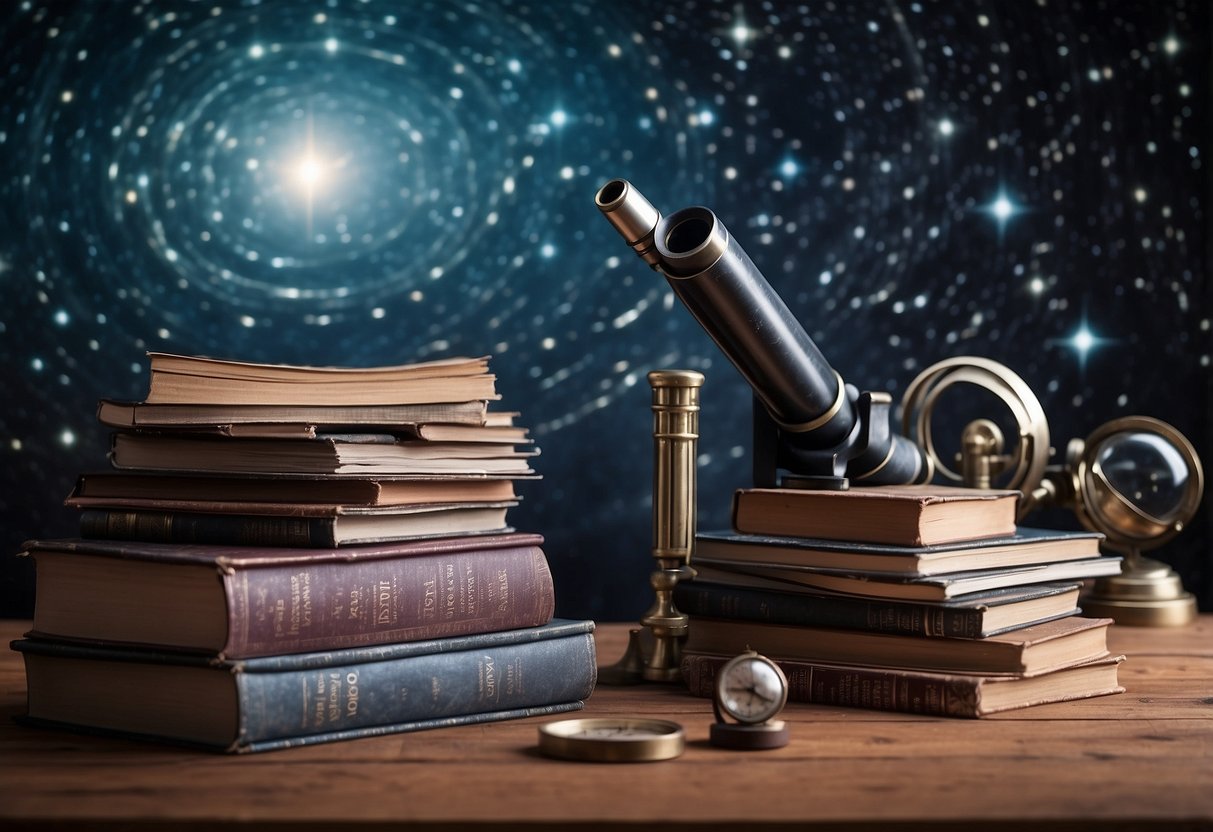 Astronomy magazines stacked on a wooden table with a telescope and star chart in the background