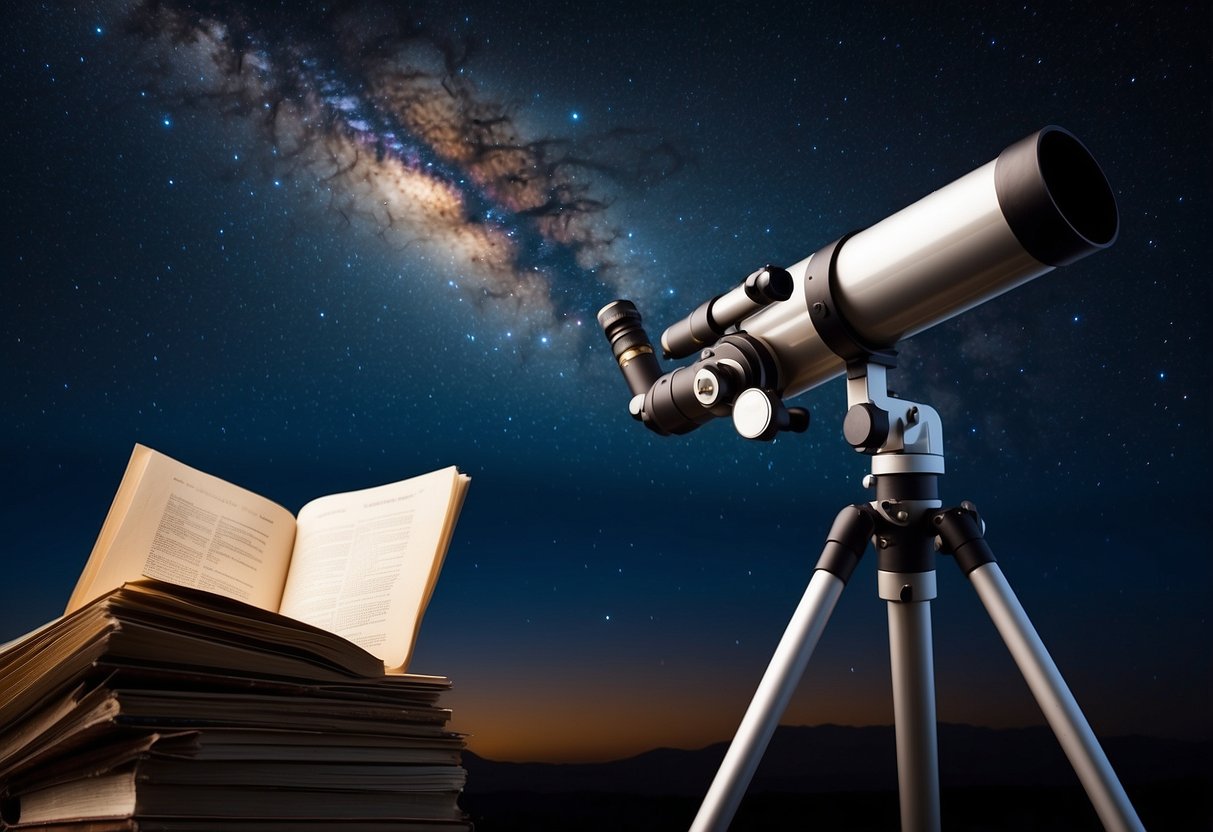 A telescope pointed towards the night sky, with stars and galaxies visible in the background. A stack of astronomy magazines sits nearby, with titles like "Stargazing Monthly" and "Astronomy Today."