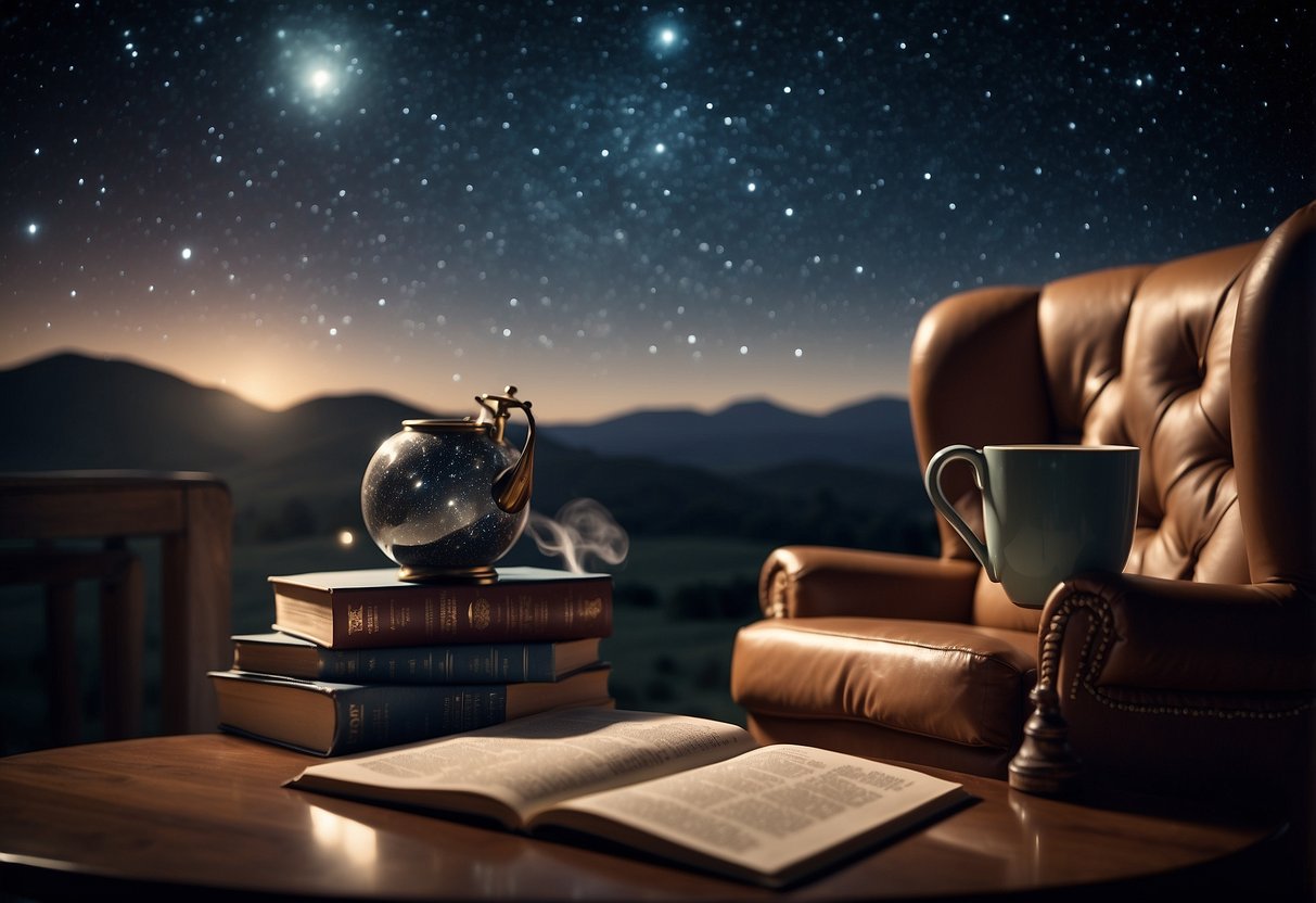 Astronomy magazines scattered on a cozy armchair, with a telescope and star charts nearby. A cup of steaming tea sits on a nearby table