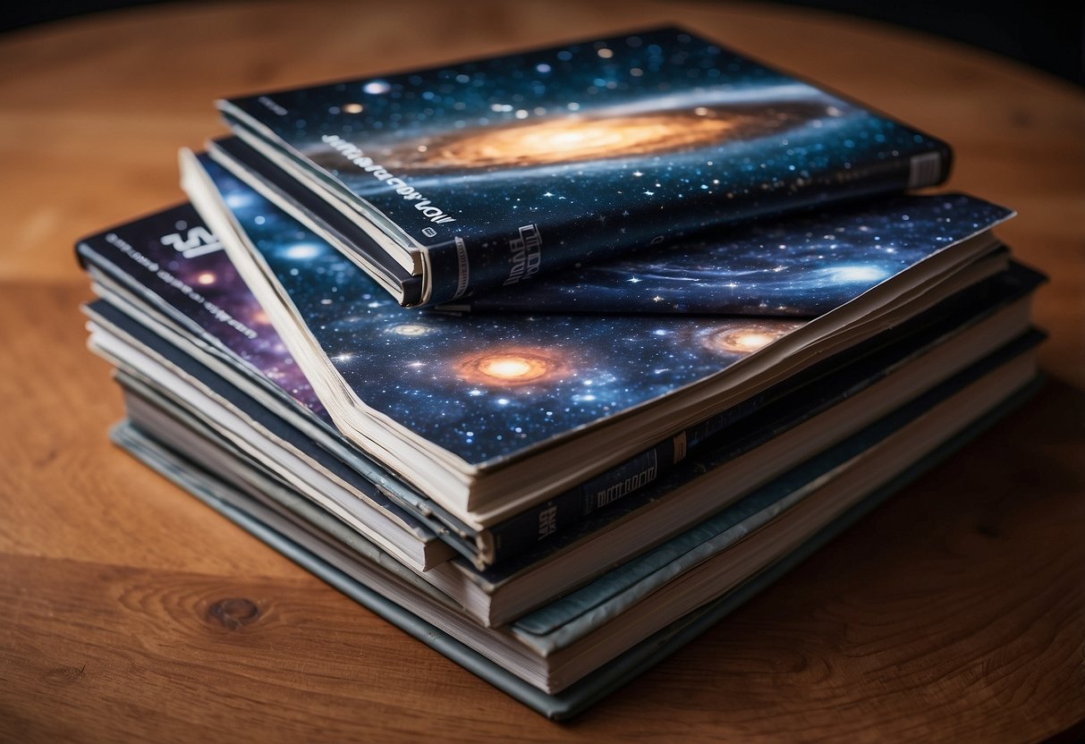 The scene features a stack of astronomy magazines with bold, eye-catching covers showcasing stunning images of stars, galaxies, and celestial events