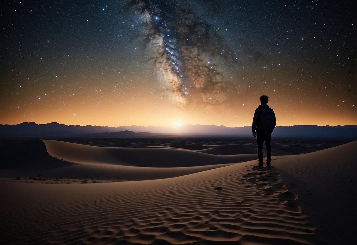 A serene desert night, with a vast sky filled with twinkling stars and a silhouette of a lone traveler gazing upwards in wonder