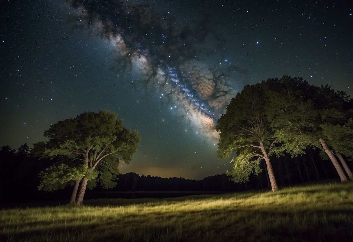 A clear night sky over Cherry Springs State Park, with twinkling stars and the Milky Way visible. Tall trees frame the scene, creating a serene and tranquil atmosphere