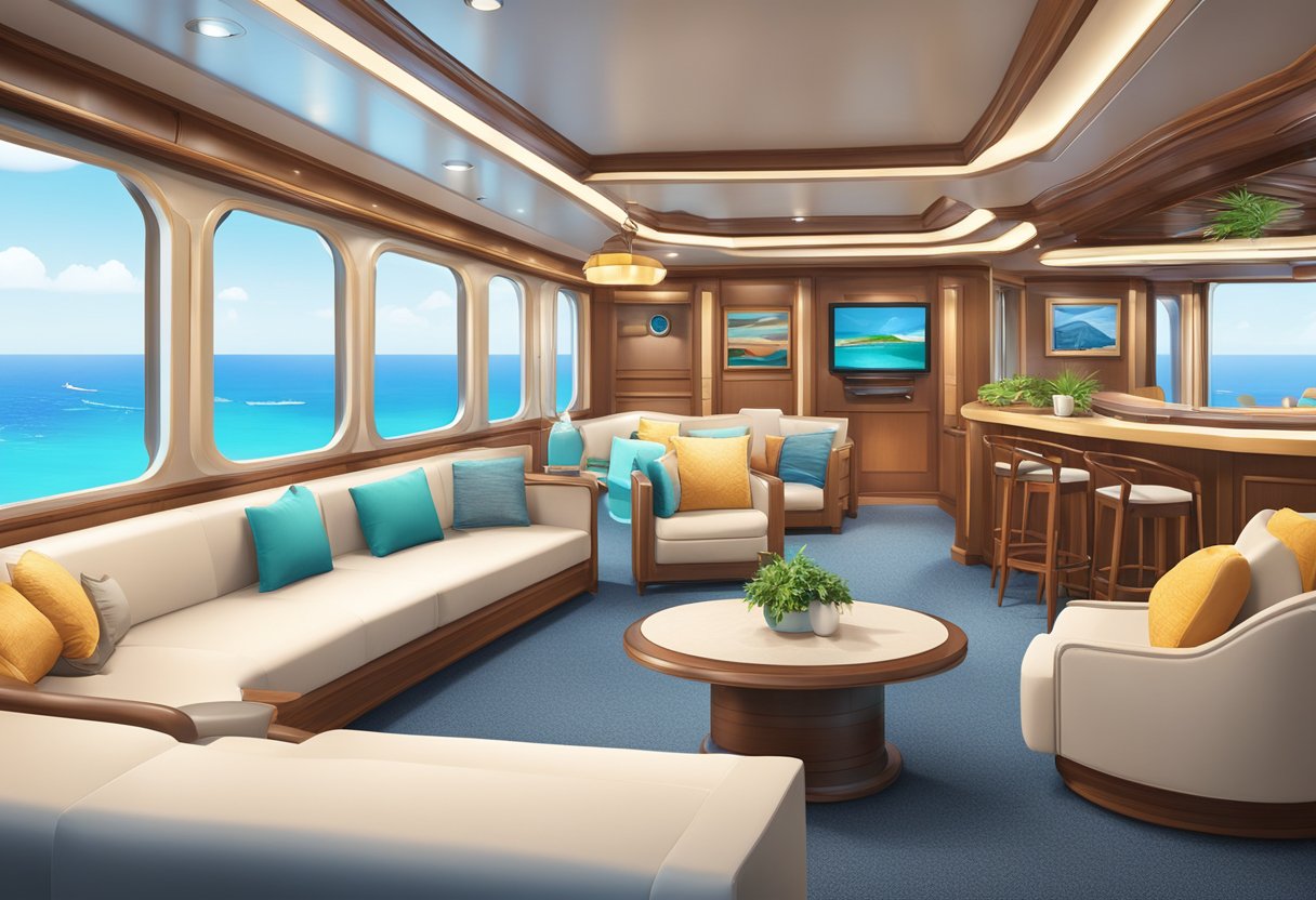 A cruise ship cabin locator with colorful signs and interactive touchscreens, surrounded by comfortable seating and elegant decor