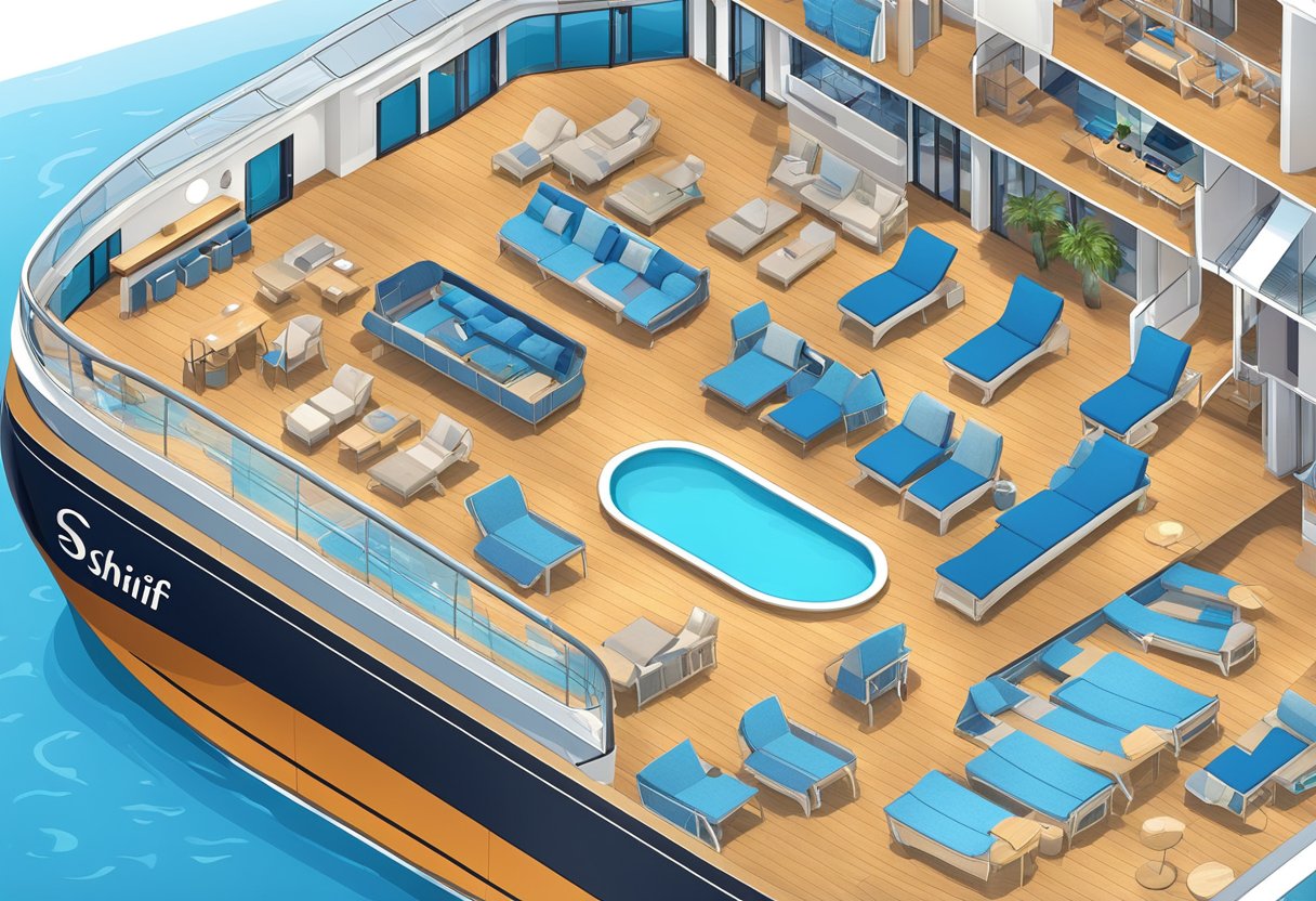 Various cabin categories and amenities on the Mein Schiff ship, depicted in a detailed illustration