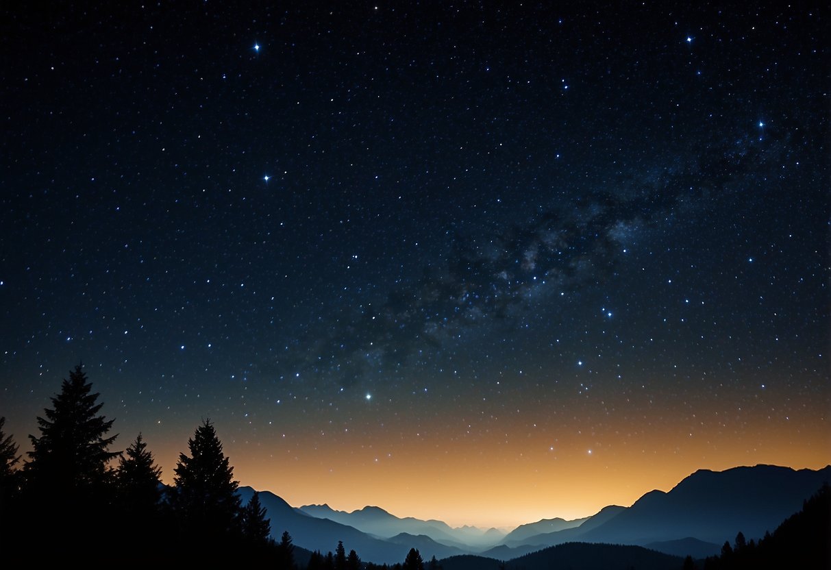 A clear night sky with twinkling stars, a silhouette of trees or mountains, and a peaceful, serene atmosphere