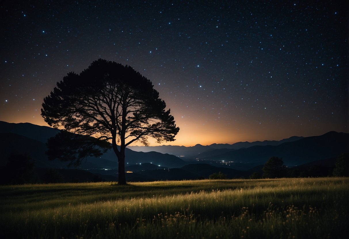 A dark, open field at night with a clear sky filled with twinkling stars. The silhouette of trees and distant mountains adds depth to the scene