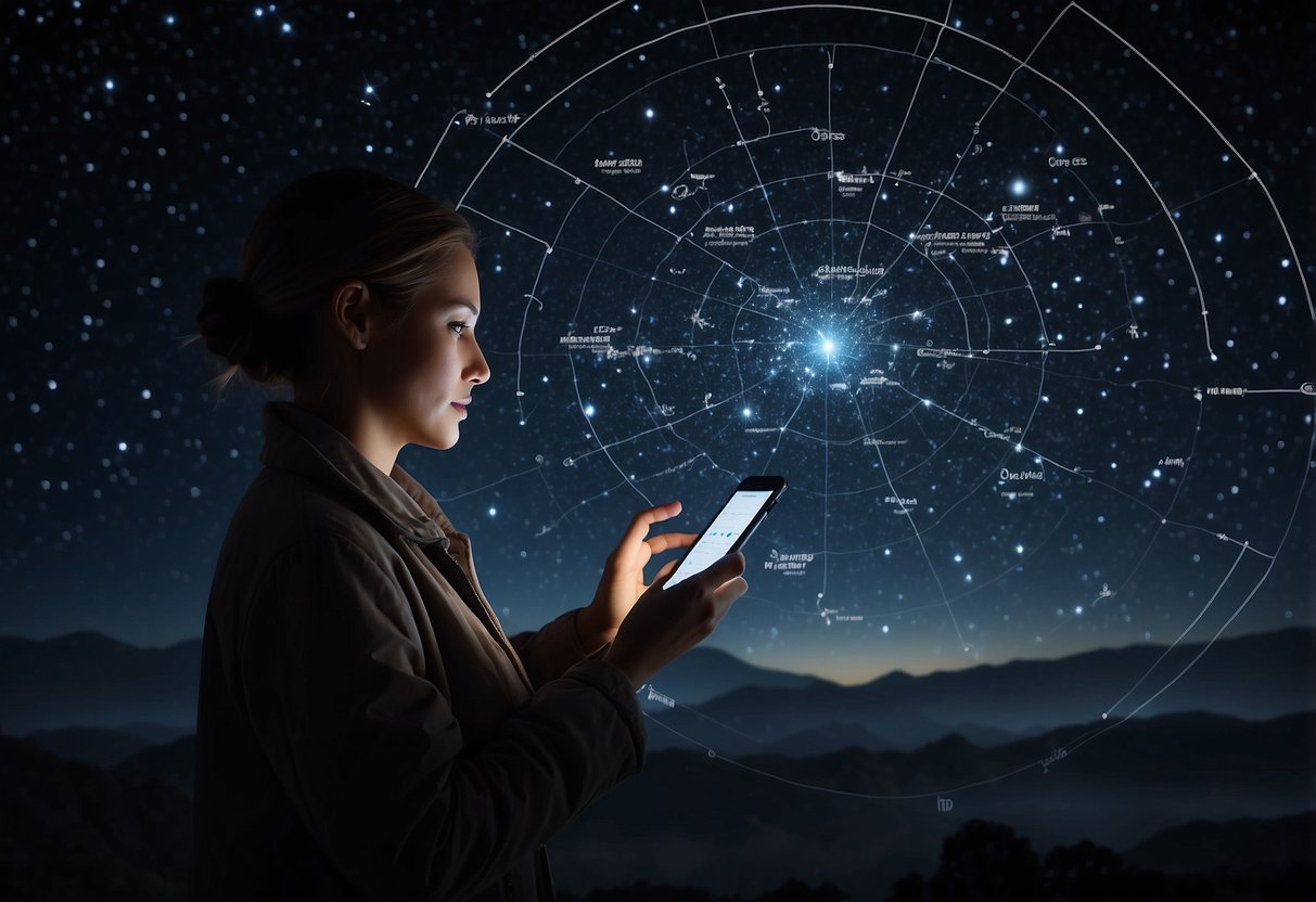 A person using a star chart app on their phone, surrounded by a dark sky filled with twinkling stars. The app displays constellations and provides tips for stargazing without any equipment