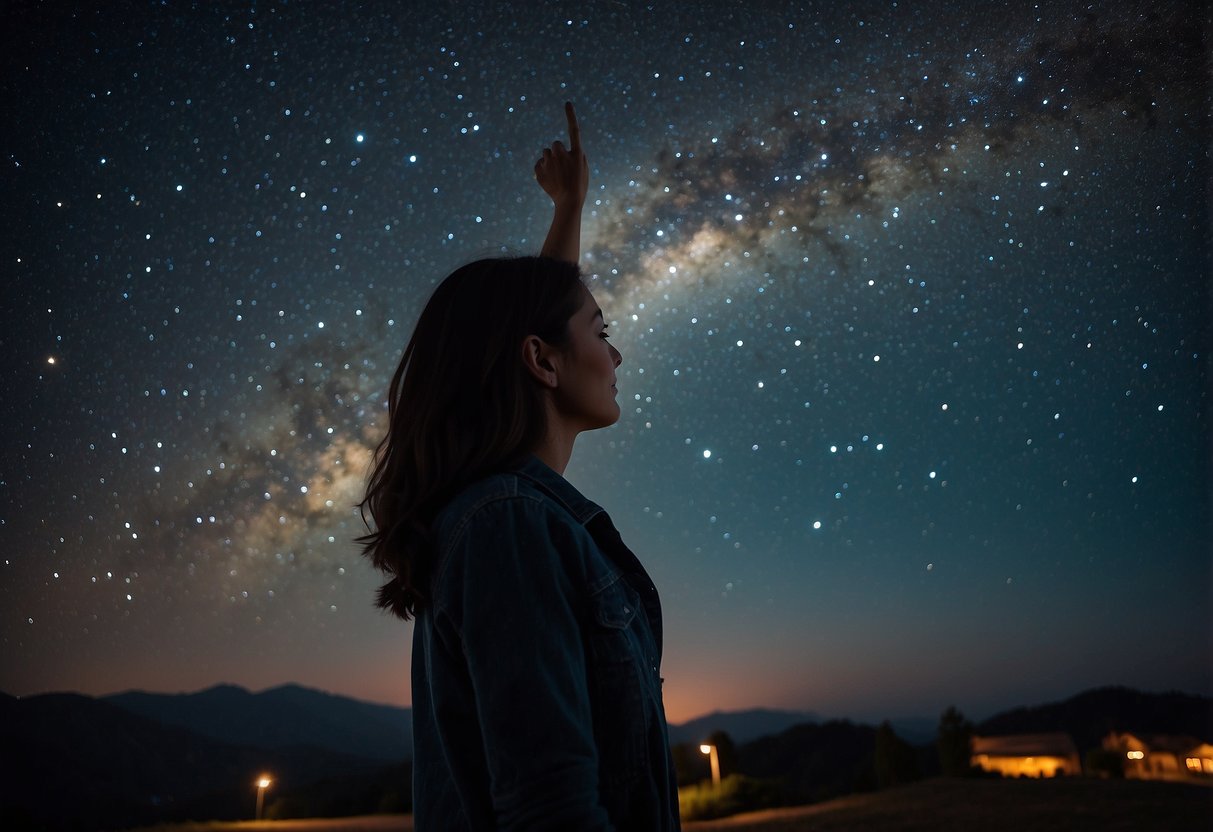 A dark, clear night sky with twinkling stars forming recognizable patterns. A person pointing at the sky, using their fingers to trace the shapes of constellations