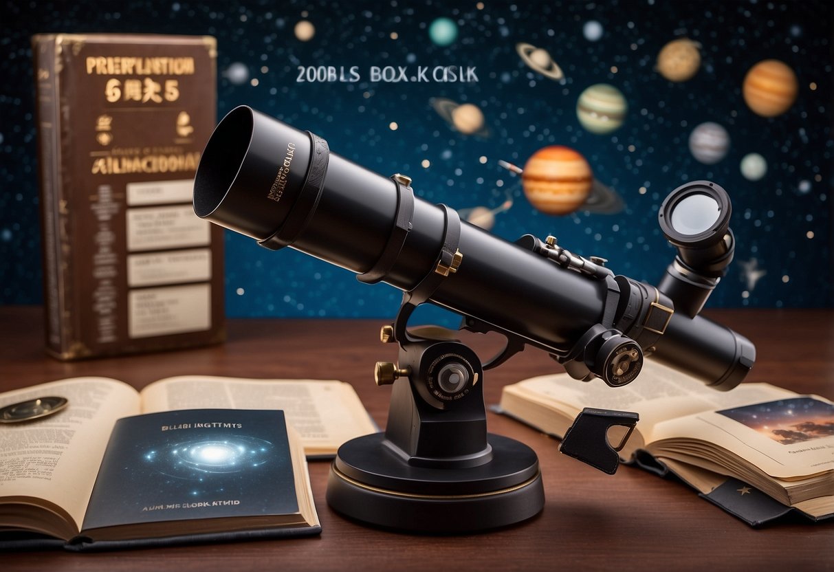 A clear night sky with stars and planets visible. A telescope and stargazing guidebook nearby. The planets are labeled and highlighted for easy identification