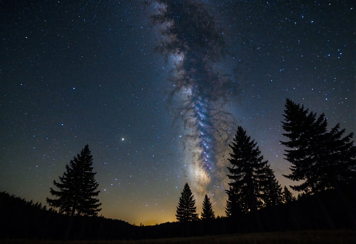 A dark night sky with shooting stars streaking across, silhouettes of trees in the background, and a clear view of the Milky Way