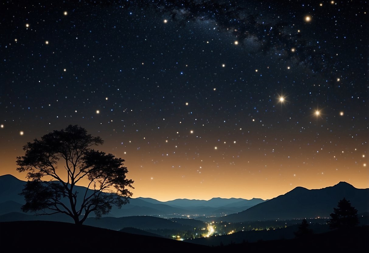 A dark, clear night sky with twinkling stars scattered across the vast expanse. A moon illuminates the landscape, casting a soft glow on the surroundings