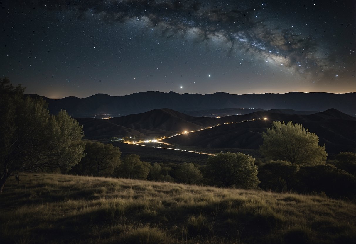 A clear, moonless night sky with minimal light pollution. A wide open space with unobstructed views. The stars are bright and numerous, with a visible Milky Way