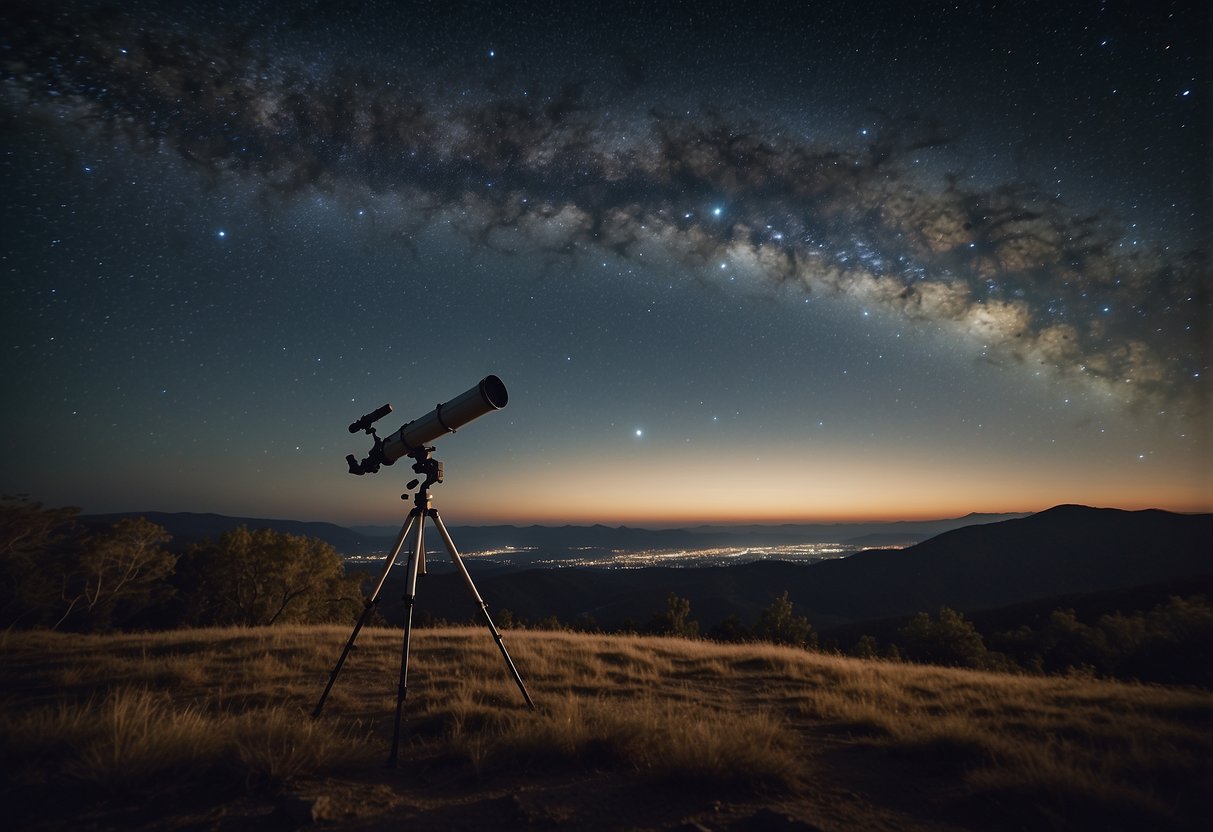 The night sky filled with twinkling stars, a crescent moon shining brightly, and the Milky Way stretching across the horizon, with a telescope and star charts nearby