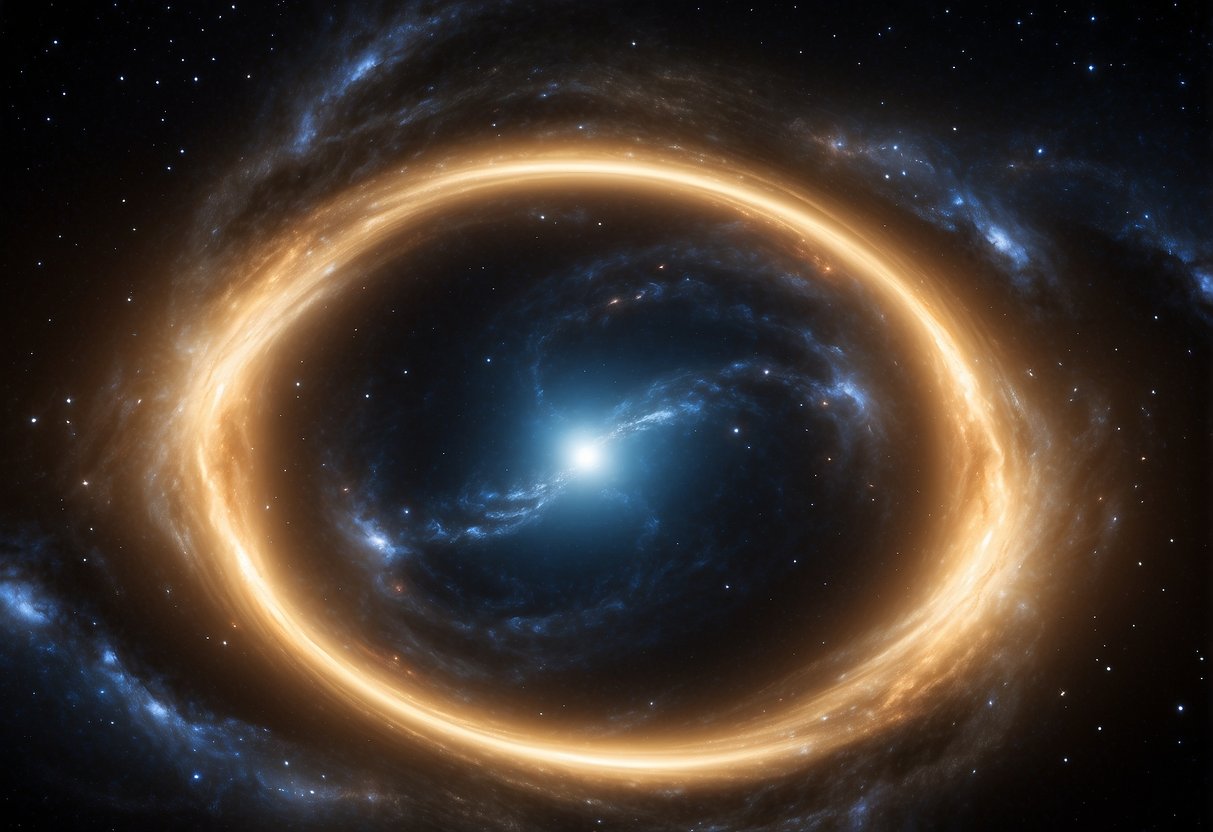 A swirling vortex of light and energy, surrounded by stars and galaxies, with a massive black hole at the center. Rays of light bend and twist as they are pulled into the black hole's event horizon