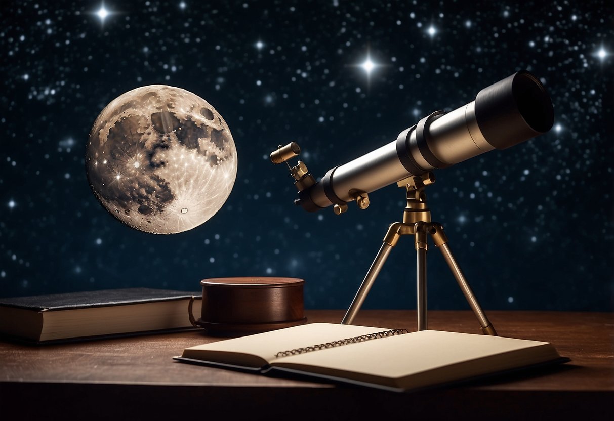 The moon hangs in the night sky, its craters and shadows visible. A telescope points towards it, while a notebook and pen sit nearby. Stars twinkle in the background