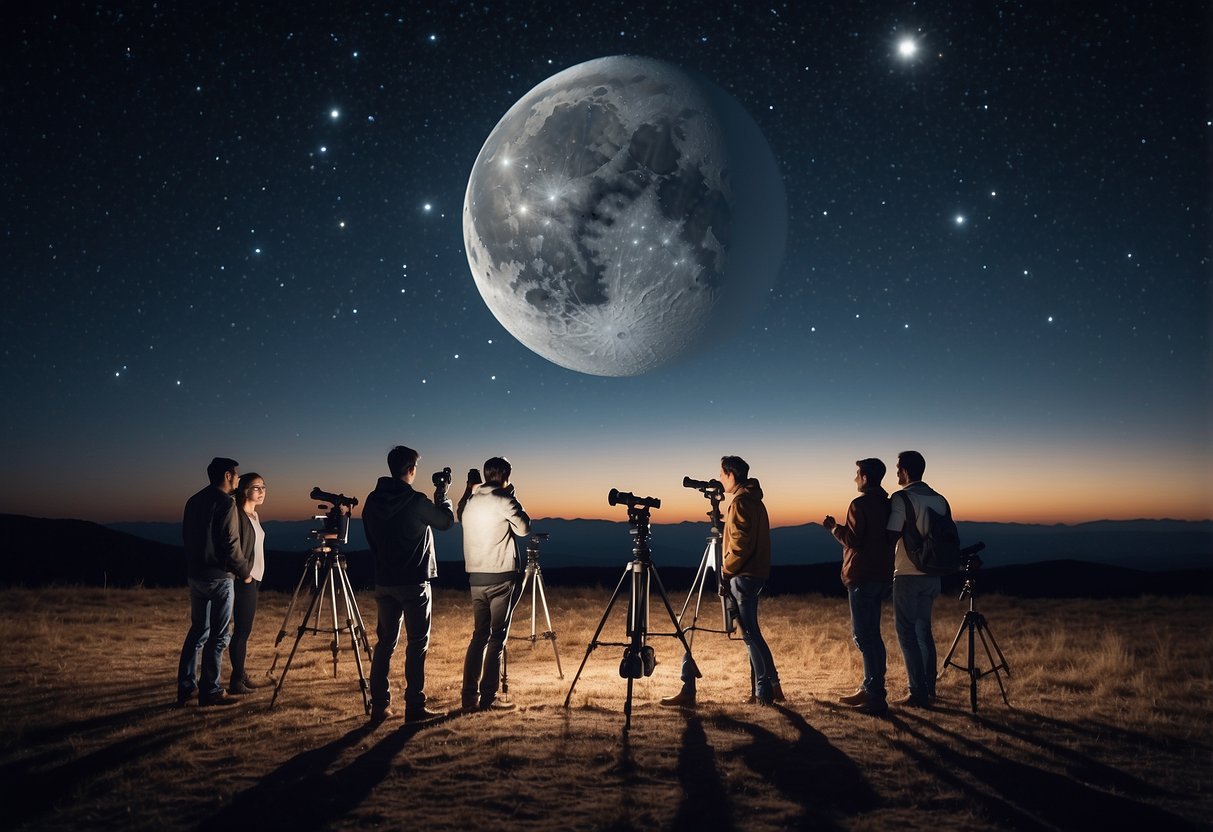 A group of people gather around telescopes, pointing up at the night sky. Moon phases chart and binoculars are scattered on a table