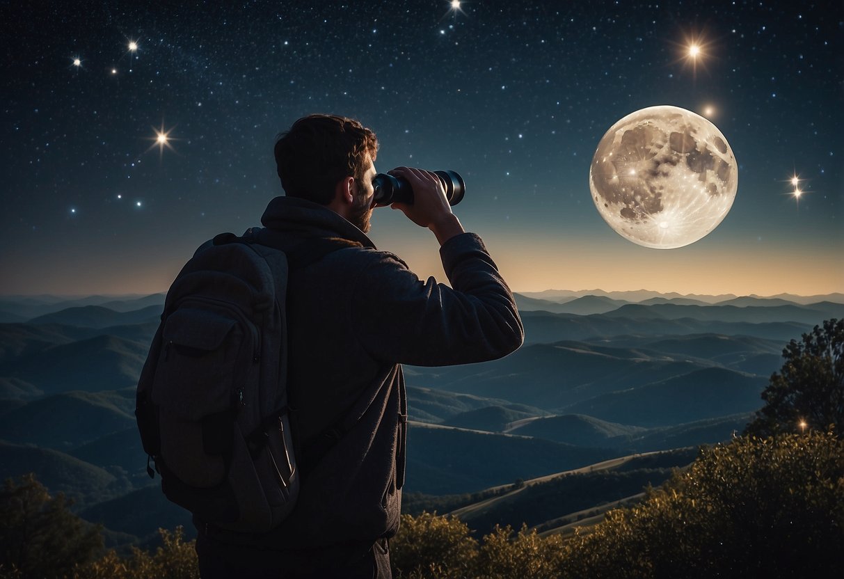 A figure holds binoculars, gazing at the moon. The night sky is clear, with stars twinkling in the background. The moon is bright and prominent, casting a soft glow over the landscape