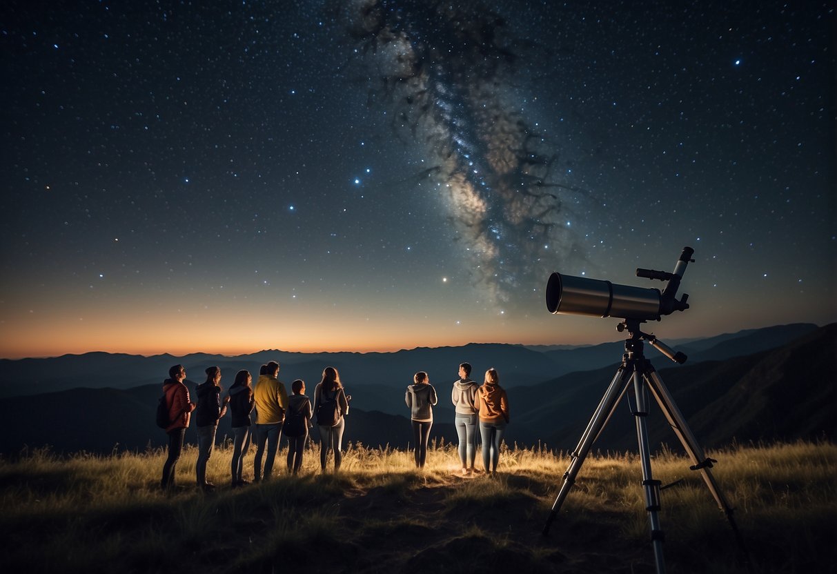 A clear night sky with twinkling stars, a telescope pointing upwards, and a group of people gathered around, gazing up in wonder