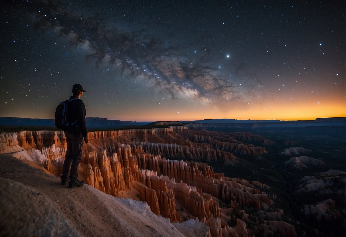 The night sky over Bryce Canyon glows with stars, as telescopes dot the landscape. A ranger leads a stargazing tour, pointing out constellations