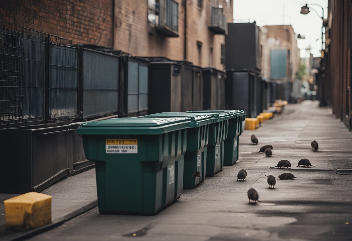 Rats' habitat and distribution. Urban alley with dumpsters and sewer grates