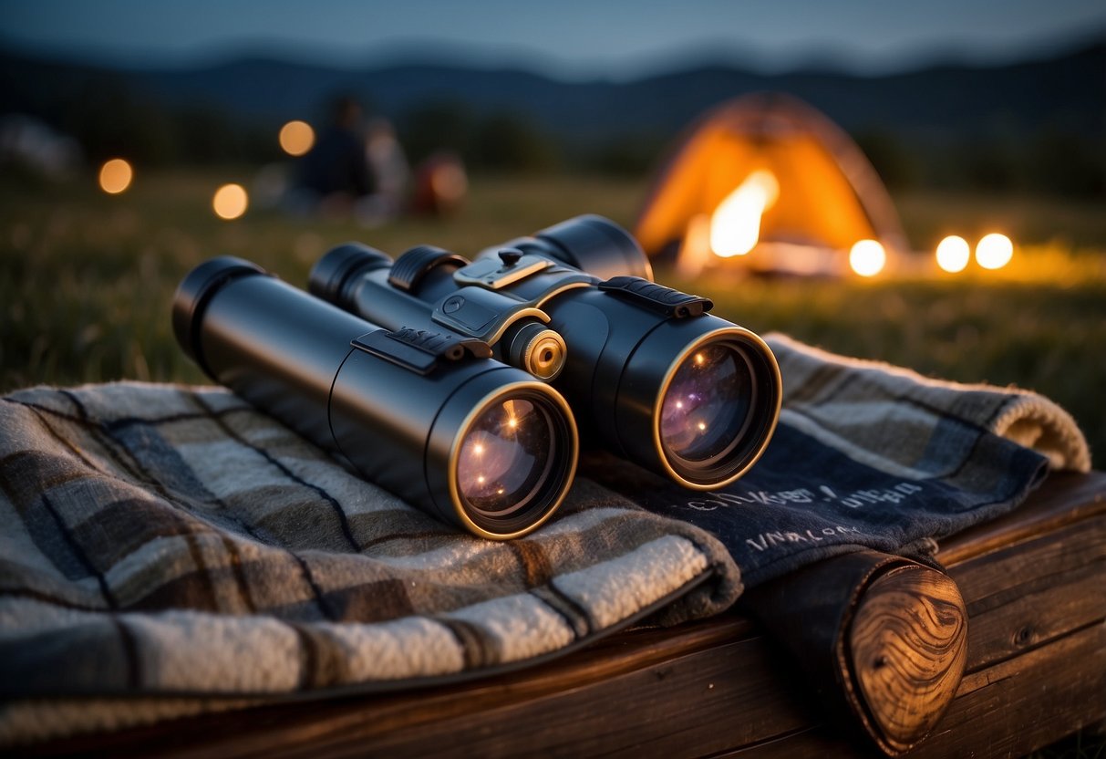 A telescope, star chart, and binoculars lay on a blanket under a clear night sky. A campfire crackles nearby, casting a warm glow on the stargazing gear