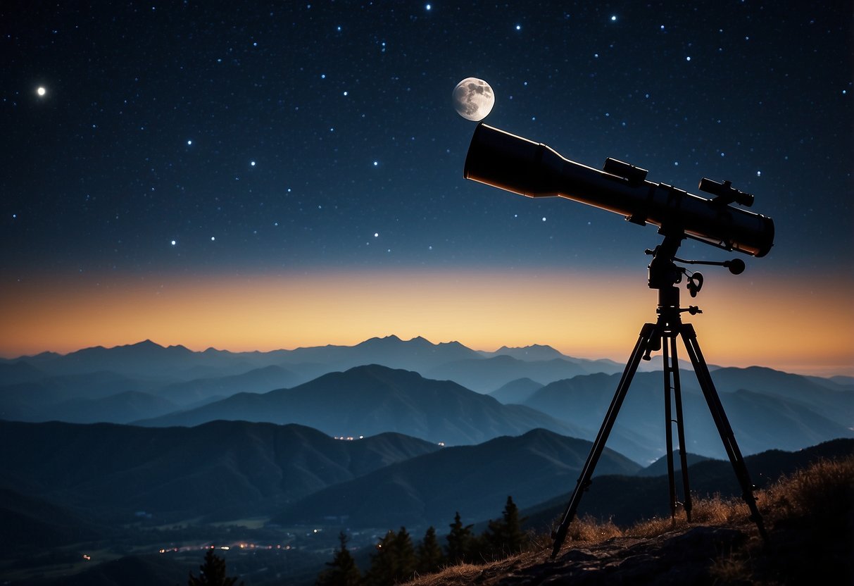 Clear night sky with twinkling stars, telescope pointed upwards. Silhouettes of mountains in the background. Bright moon shining down