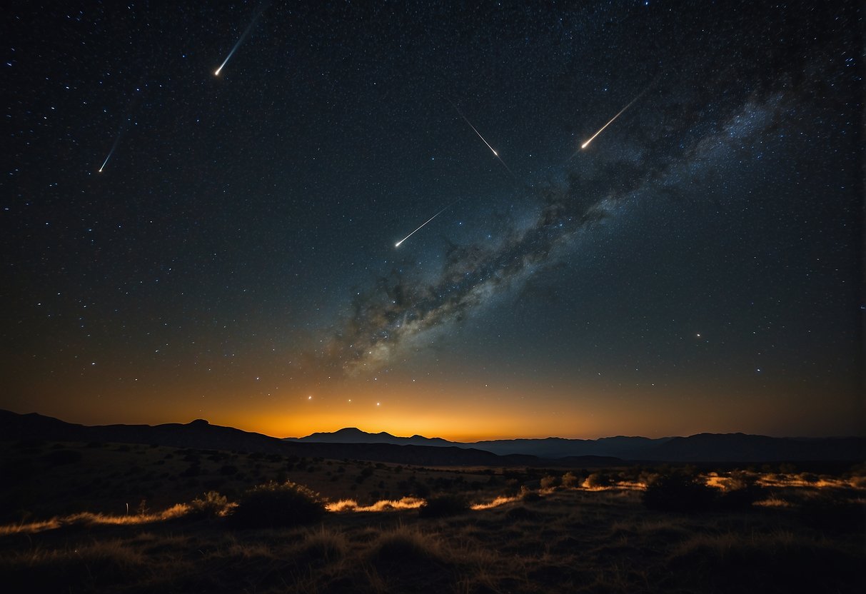 A night sky filled with 10 unique celestial events: comets, meteor showers, eclipses, and planetary alignments. Twinkling stars and glowing celestial bodies create a breathtaking cosmic display