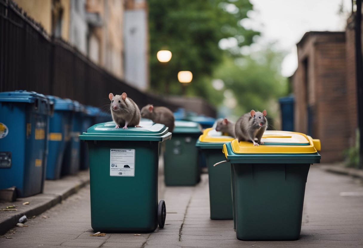 Prevention and control of rats. Rats living in a dark, cluttered alleyway near overflowing garbage bins