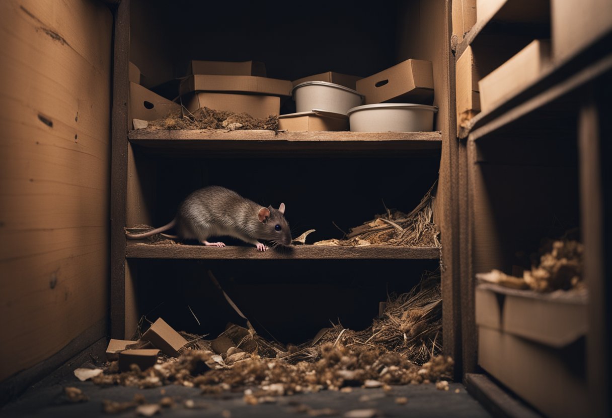 Rat infestation scene: dark, cluttered basement with gnawed boxes, scattered food, and droppings. A hole in the wall leads to a nest