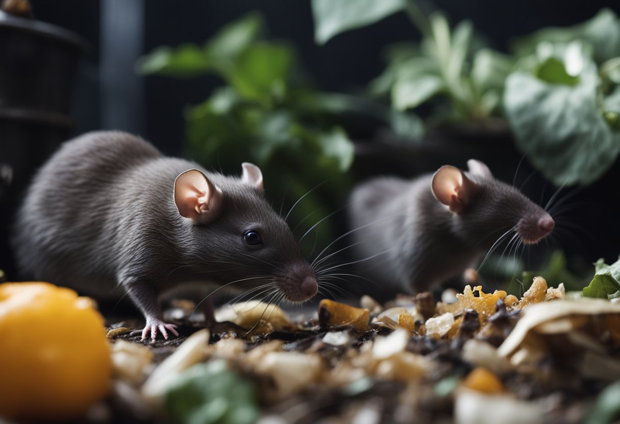 Rats in a dark, cluttered space. Signs of gnawing and nesting. Trash and food scraps scattered around