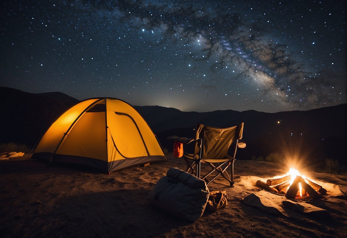 A campfire crackles under a starry sky. A telescope points towards the heavens. A map of constellations lies nearby. A sleeping bag is laid out on the ground. The Milky Way stretches across the night