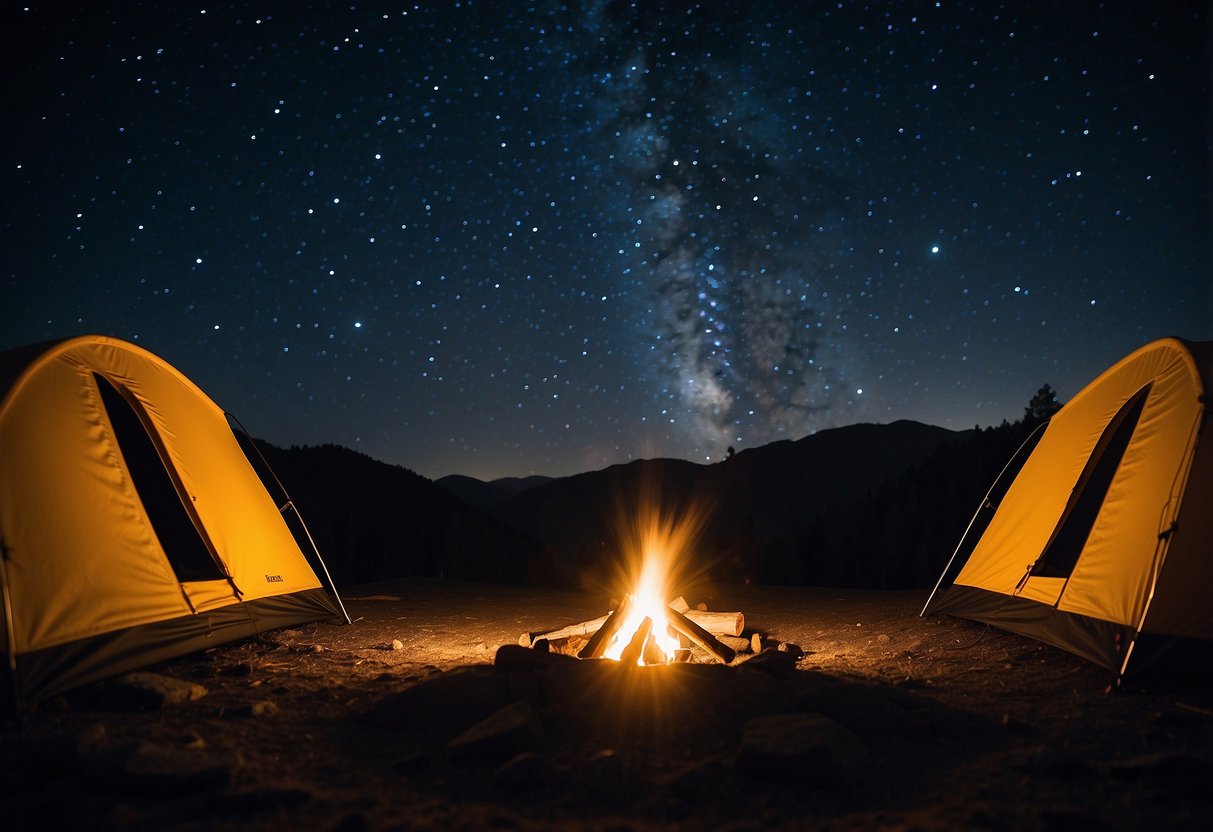 The night sky is clear, with twinkling stars scattered across the darkness. A campfire flickers nearby, casting a warm glow on the surrounding area. The silhouette of a tent is visible in the background, adding to the sense of adventure and tranqu