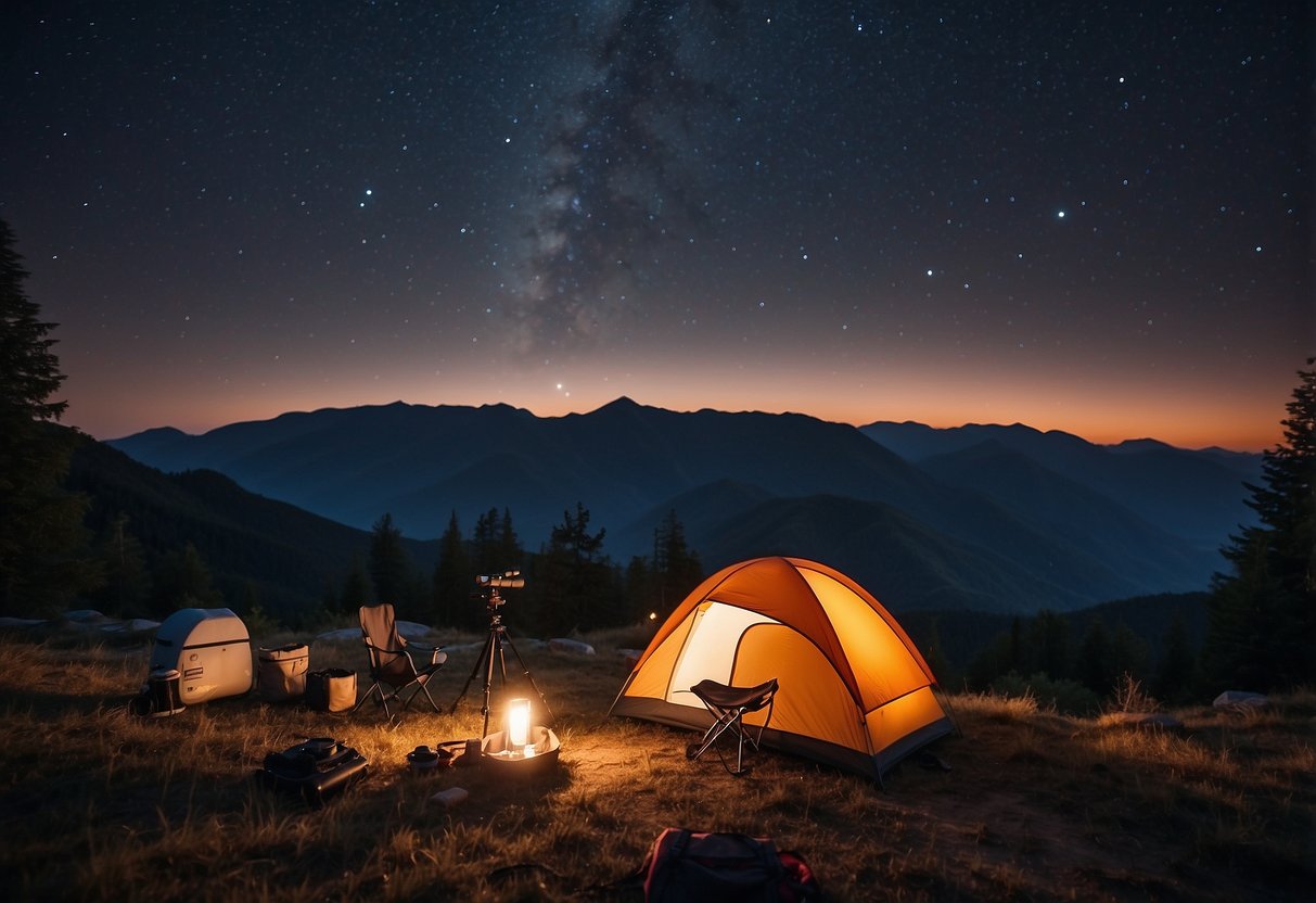 A campsite at night, illuminated by a soft red light for stargazing. A telescope and binoculars are set up, surrounded by camping gear. The night sky is clear and full of stars