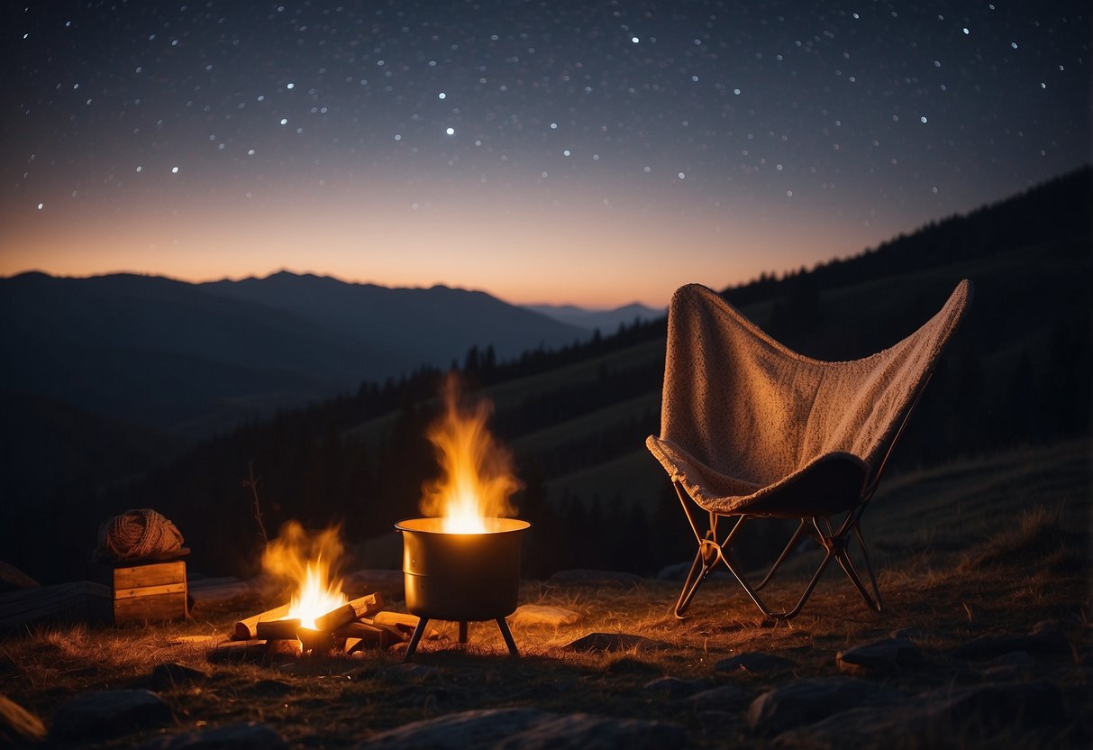 A cozy chair or blanket is set up under the night sky, with a telescope nearby. A campfire flickers in the background, illuminating the serene scene