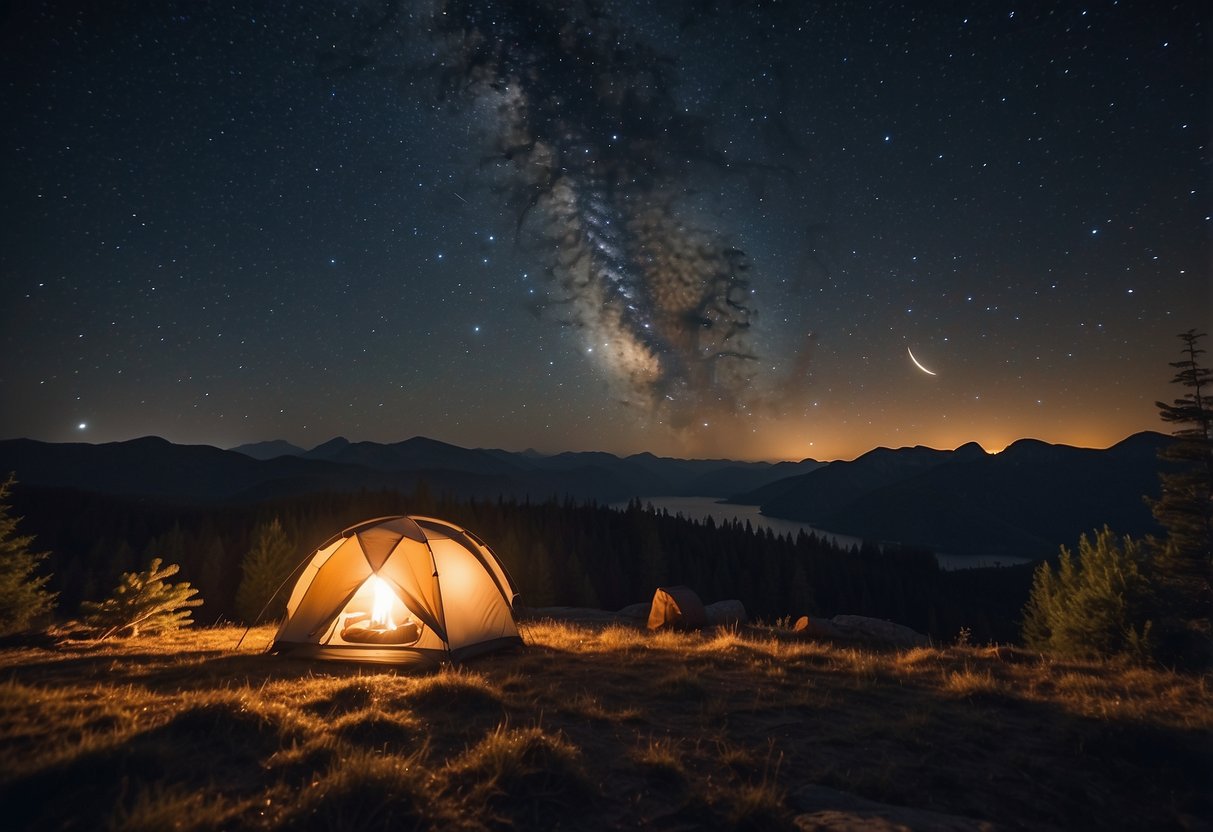 A clear night sky with twinkling stars above a campsite, surrounded by trees and a crackling campfire, with a telescope and stargazing guidebook nearby