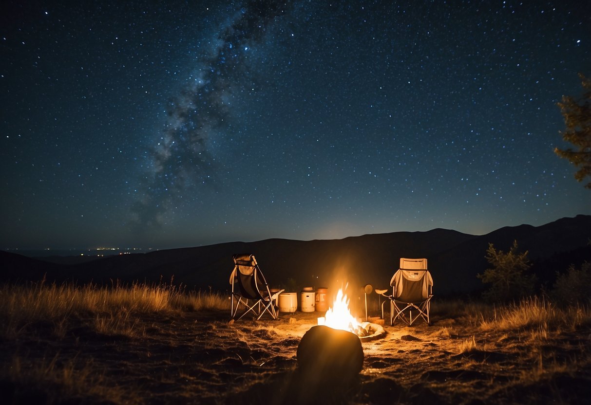 A clear night sky with twinkling stars, away from city lights. A cozy campfire, camping gear, and a telescope set up for stargazing