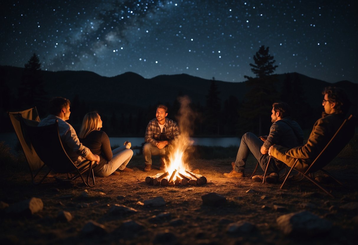 A campfire crackles as a group of friends lay on their backs, gazing up at the clear night sky. A telescope sits nearby, ready to capture the beauty of the stars